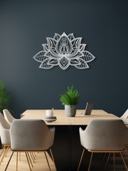 Mandala Lotus Çiçeği Temalı Metal Duvar Dekoru, Minimal Duvar Tablosu, Ev Ofis için Hediyelik Dekor - Gümüş