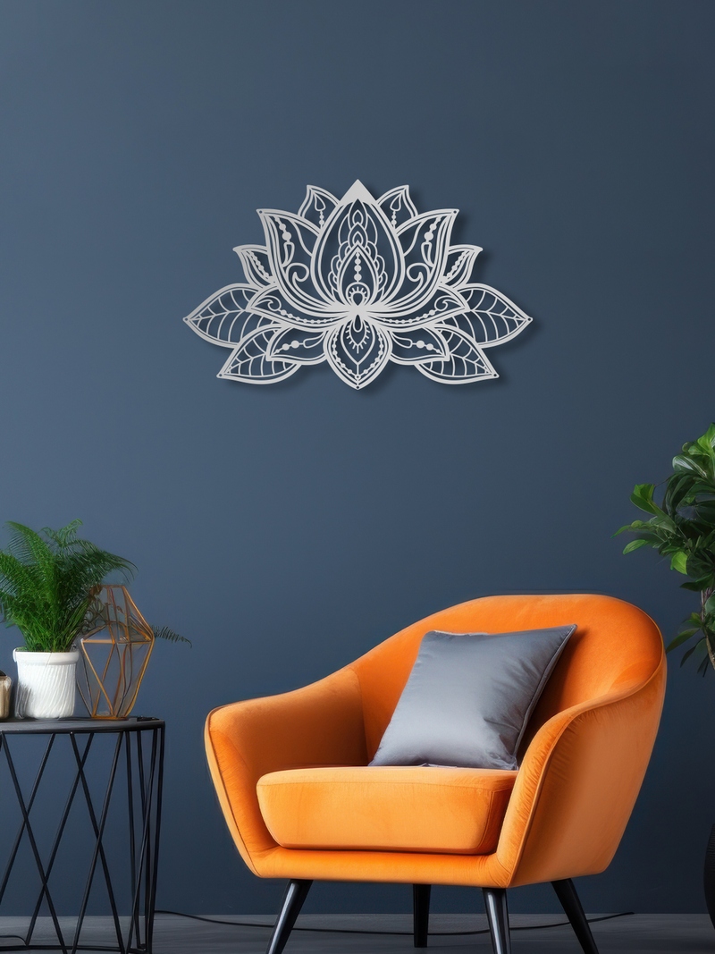 Mandala Lotus Çiçeği Temalı Metal Duvar Dekoru, Minimal Duvar Tablosu, Ev Ofis için Hediyelik Dekor - Gümüş