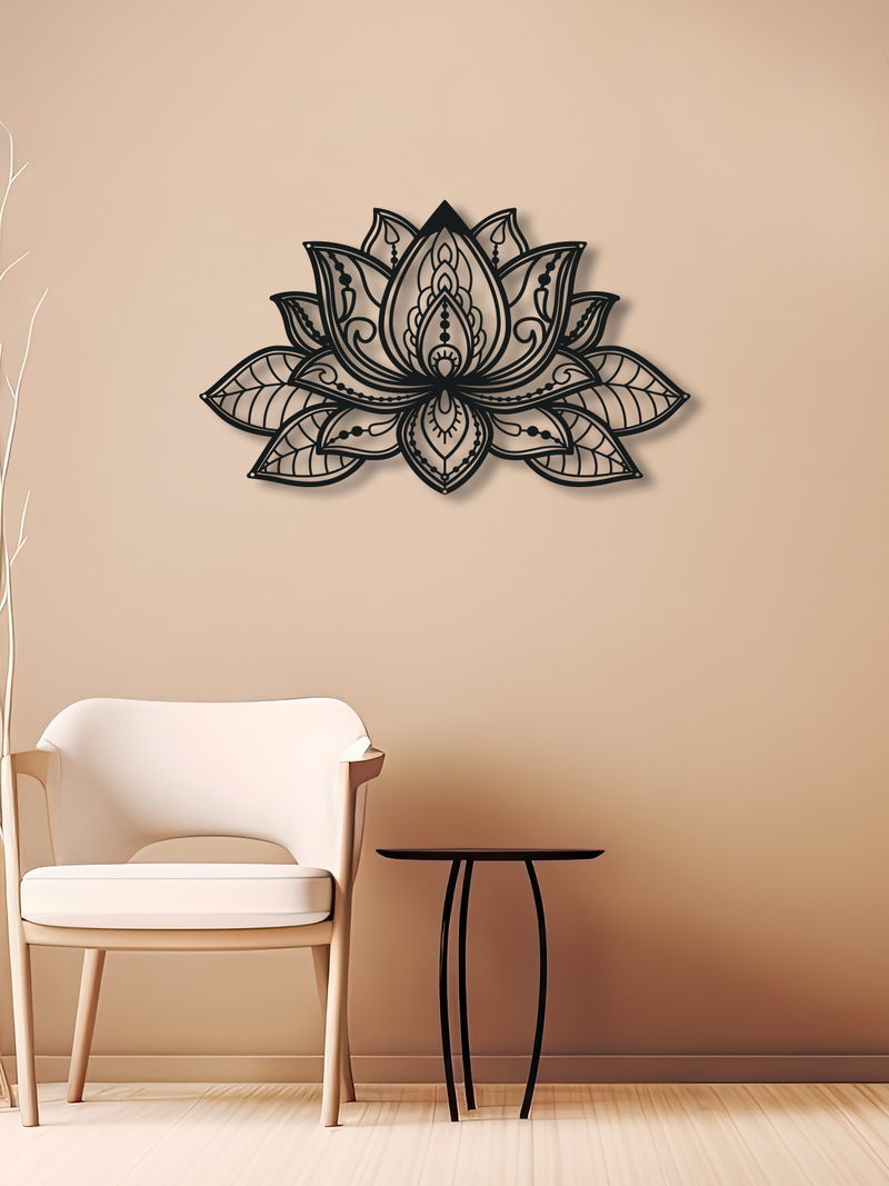 Mandala Lotus Çiçeği Temalı Metal Duvar Dekoru, Minimal Duvar Tablosu, Ev Ofis için Hediyelik Dekor - Siyah