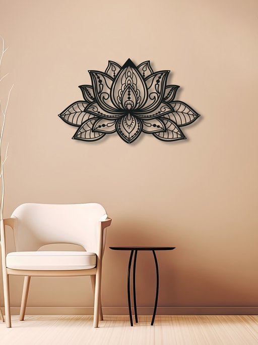 Mandala Lotus Çiçeği Temalı Metal Duvar Dekoru, Minimal Duvar Tablosu, Ev Ofis için Hediyelik Dekor - Siyah
