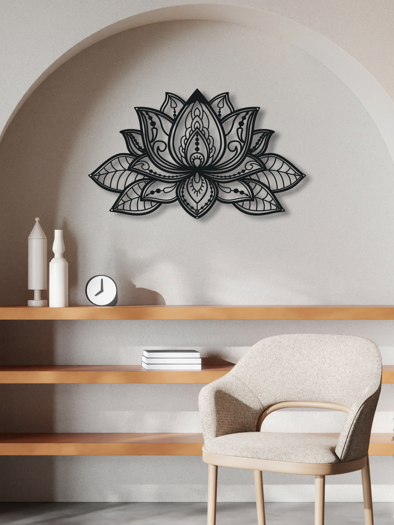 Mandala Lotus Çiçeği Temalı Metal Duvar Dekoru, Minimal Duvar Tablosu, Ev Ofis için Hediyelik Dekor - Siyah