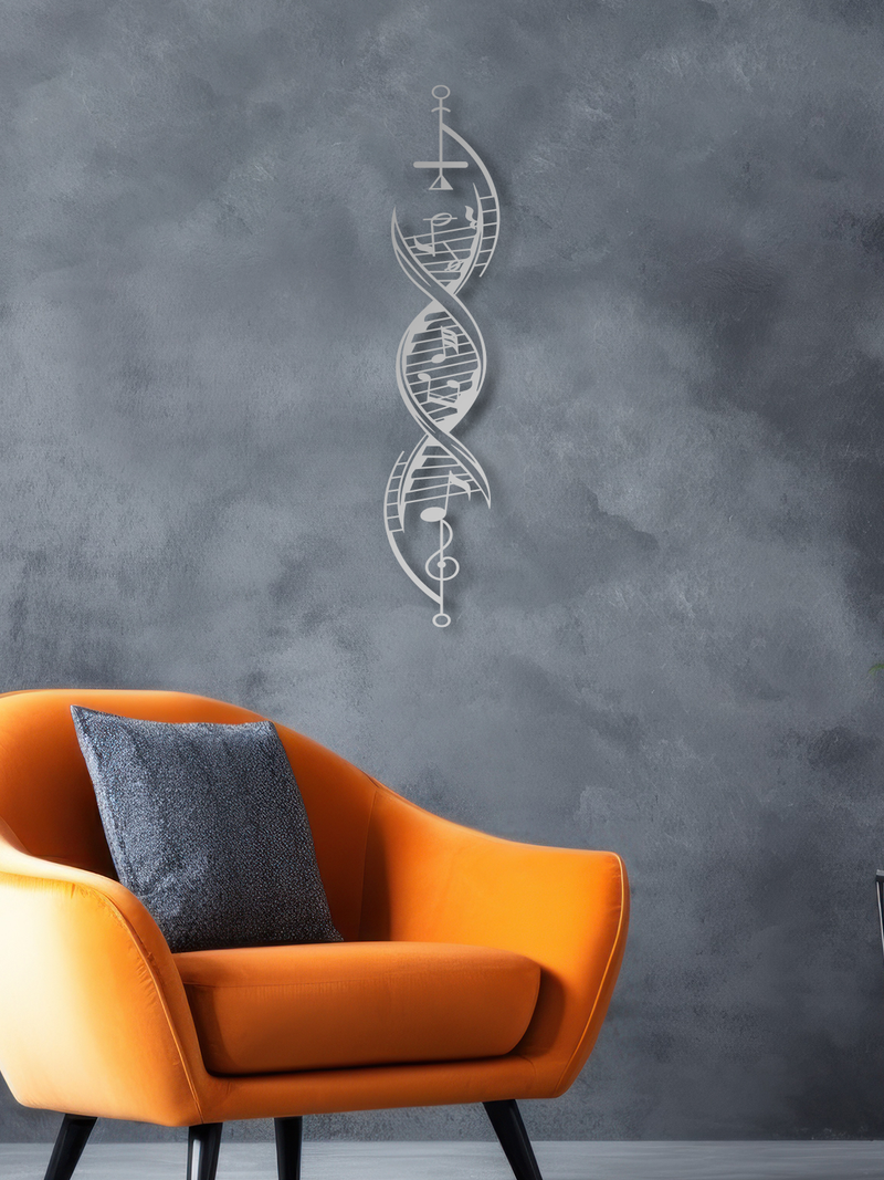 DNA Sarmalı Müzik Notaları Temalı Metal Duvar Dekoru, Minimal Duvar Tablosu, Ev Ofis Hediyelik Dekor - Gümüş