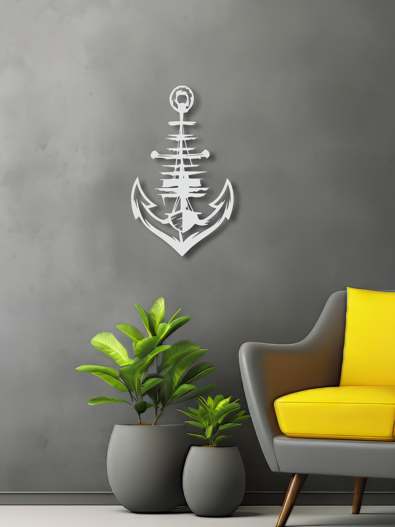 Denizci Çapası ve Kayık Temalı Metal Duvar Dekoru, Minimal Duvar Tablosu, Ev Ofis Hediyelik Dekor - Beyaz