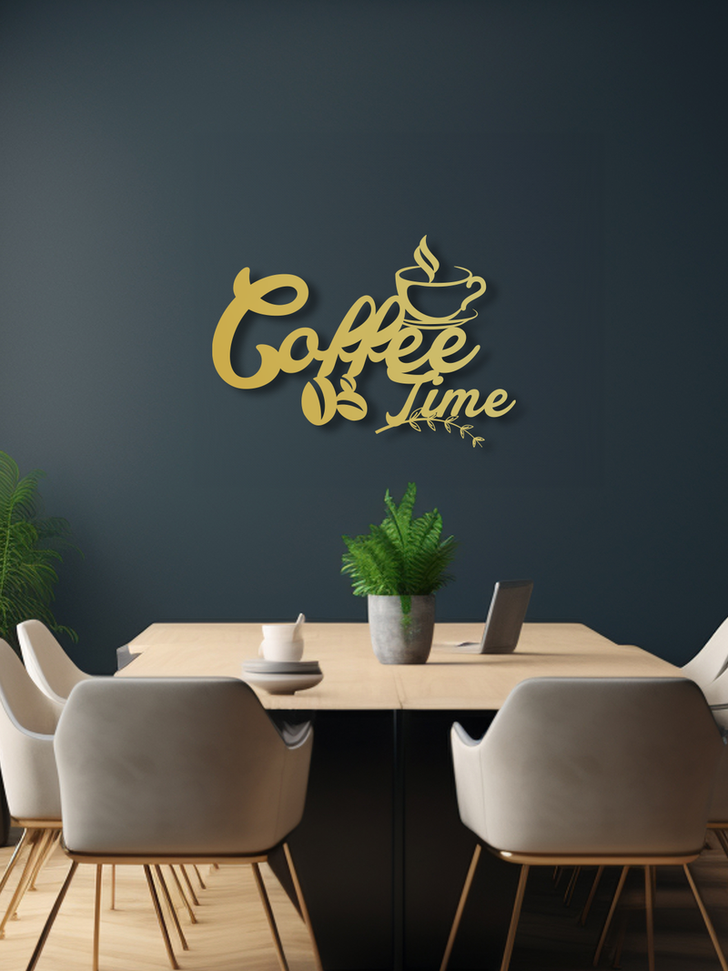 Coffee Time Yazılı Metal Duvar Dekoru, Minimal Tasarım Duvar Tablosu, Ev Ofis için Hediyelik Dekor - Altın