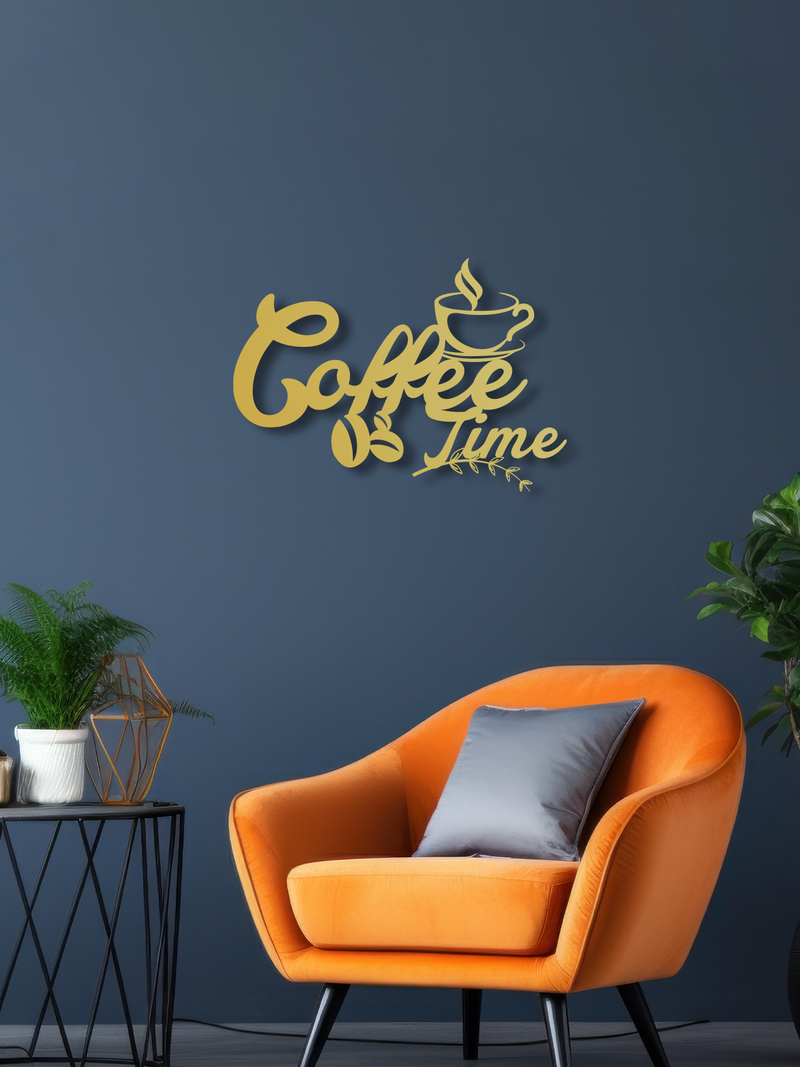 Coffee Time Yazılı Metal Duvar Dekoru, Minimal Tasarım Duvar Tablosu, Ev Ofis için Hediyelik Dekor - Altın