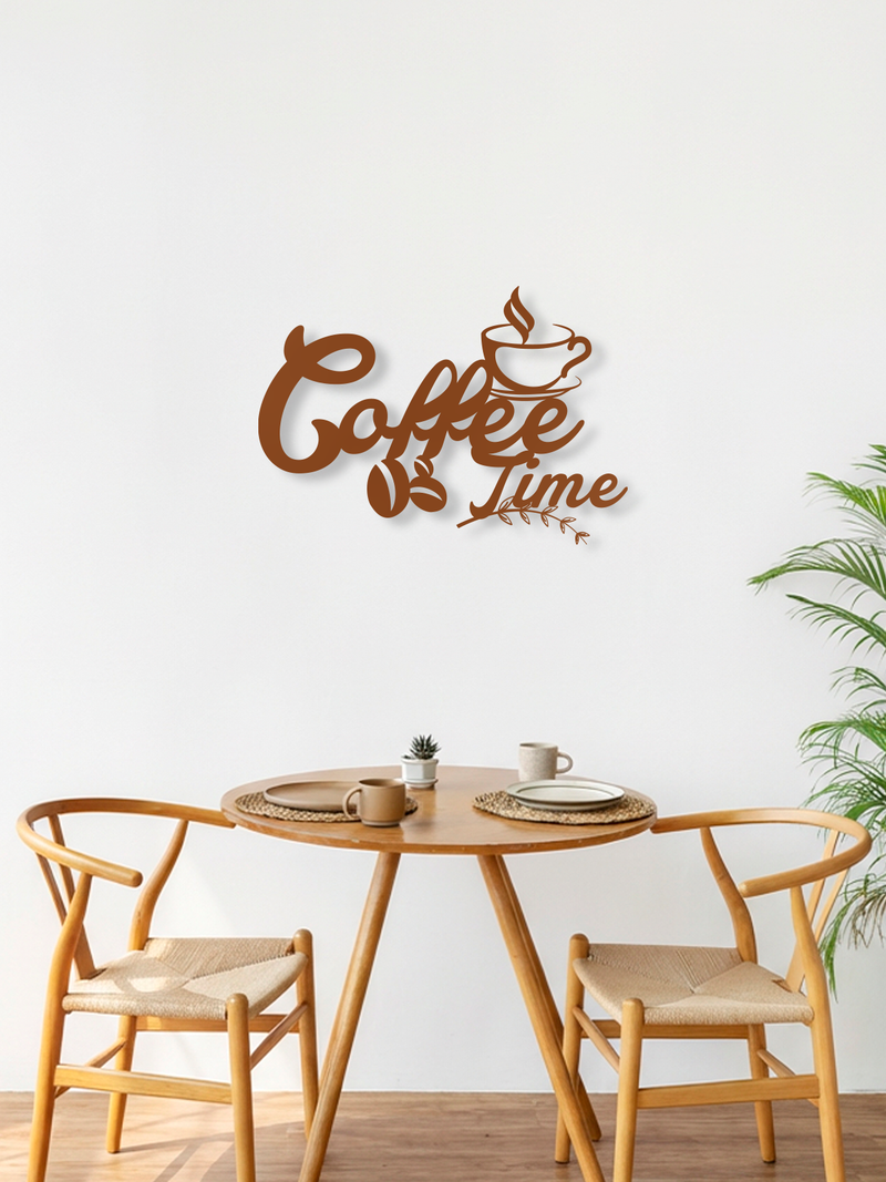 Coffee Time Yazılı Metal Duvar Dekoru, Minimal Tasarım Duvar Tablosu, Ev Ofis için Hediyelik Dekor - Bakır