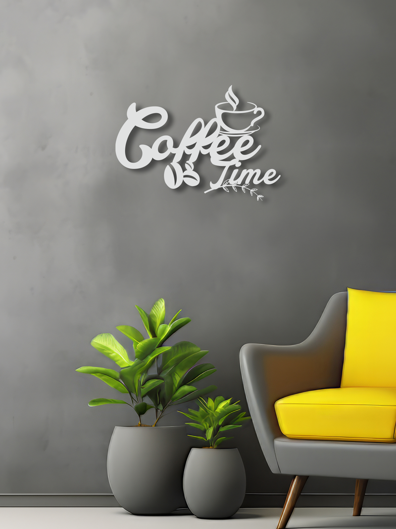 Coffee Time Yazılı Metal Duvar Dekoru, Minimal Tasarım Duvar Tablosu, Ev Ofis için Hediyelik Dekor - Beyaz