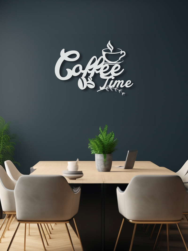 Coffee Time Yazılı Metal Duvar Dekoru, Minimal Tasarım Duvar Tablosu, Ev Ofis için Hediyelik Dekor - Beyaz