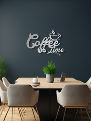 Coffee Time Yazılı Metal Duvar Dekoru, Minimal Tasarım Duvar Tablosu, Ev Ofis için Hediyelik Dekor - Gümüş