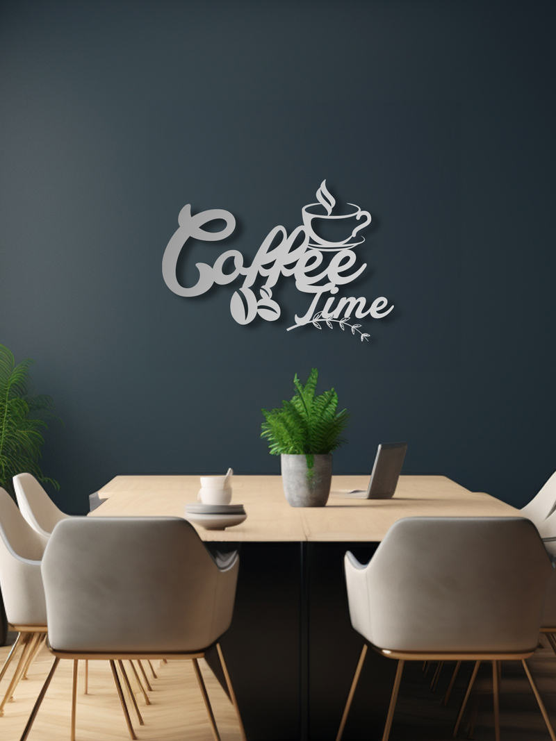 Coffee Time Yazılı Metal Duvar Dekoru, Minimal Tasarım Duvar Tablosu, Ev Ofis için Hediyelik Dekor - Gümüş