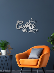 Coffee Time Yazılı Metal Duvar Dekoru, Minimal Tasarım Duvar Tablosu, Ev Ofis için Hediyelik Dekor - Gümüş