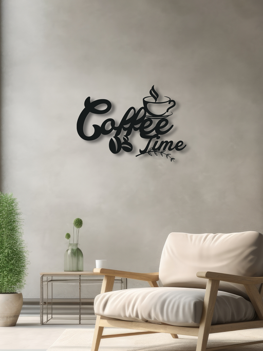 Coffee Time Yazılı Metal Duvar Dekoru, Minimal Tasarım Duvar Tablosu, Ev Ofis için Hediyelik Dekor - Siyah
