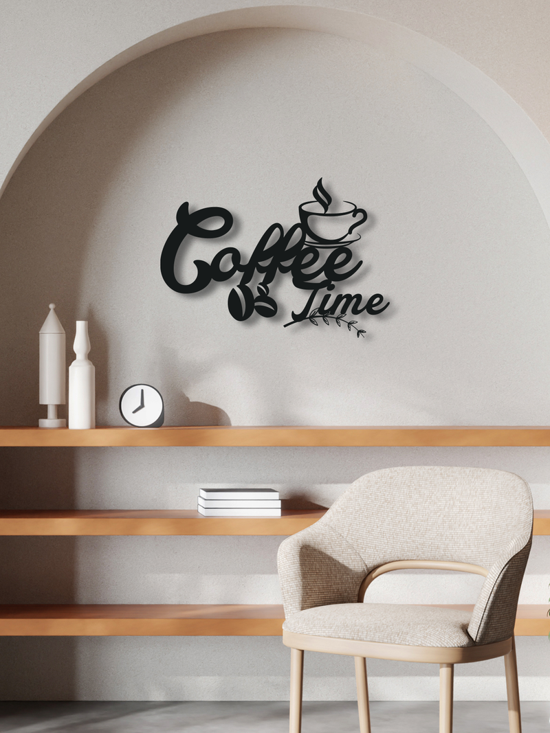 Coffee Time Yazılı Metal Duvar Dekoru, Minimal Tasarım Duvar Tablosu, Ev Ofis için Hediyelik Dekor - Siyah