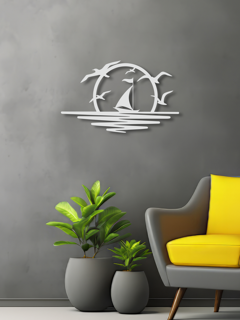 Günbatımı Martılar ve Kayık Temalı Metal Duvar Dekoru, Minimal Duvar Tablosu, Ev Ofis Hediye Dekor - Beyaz