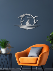 Günbatımı Martılar ve Kayık Temalı Metal Duvar Dekoru, Minimal Duvar Tablosu, Ev Ofis Hediye Dekor - Gümüş