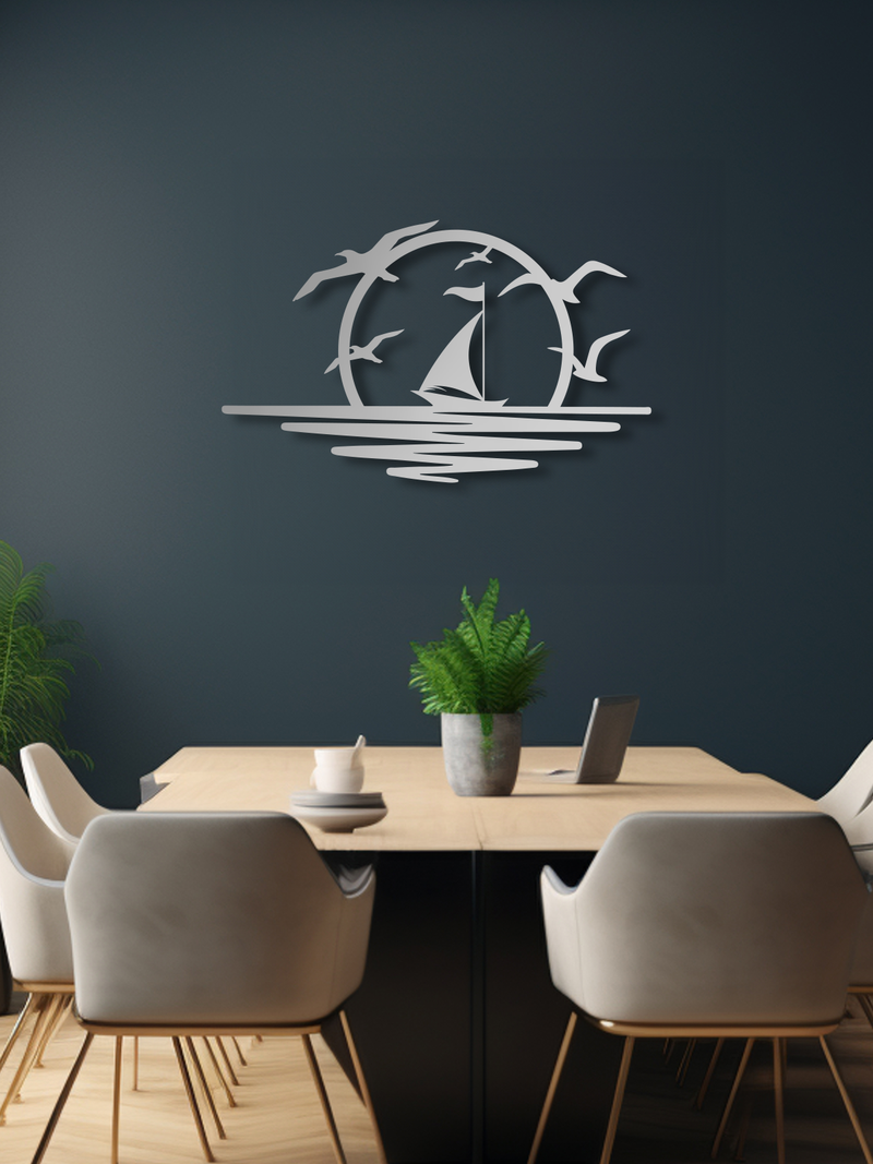Günbatımı Martılar ve Kayık Temalı Metal Duvar Dekoru, Minimal Duvar Tablosu, Ev Ofis Hediye Dekor - Gümüş