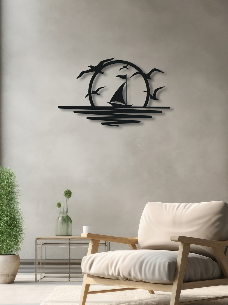Günbatımı Martılar ve Kayık Temalı Metal Duvar Dekoru, Minimal Duvar Tablosu, Ev Ofis Hediye Dekor - Siyah