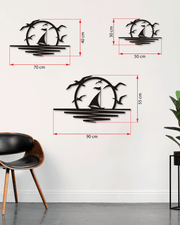 Günbatımı Martılar ve Kayık Temalı Metal Duvar Dekoru, Minimal Duvar Tablosu, Ev Ofis Hediye Dekor