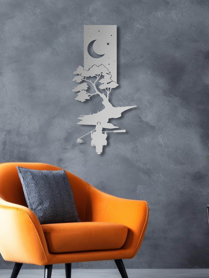Kayık Manzara Hilal Temalı Metal Duvar Dekoru, Minimal Duvar Tablosu, Ev ve Ofis Hediyelik Dekor - Gümüş
