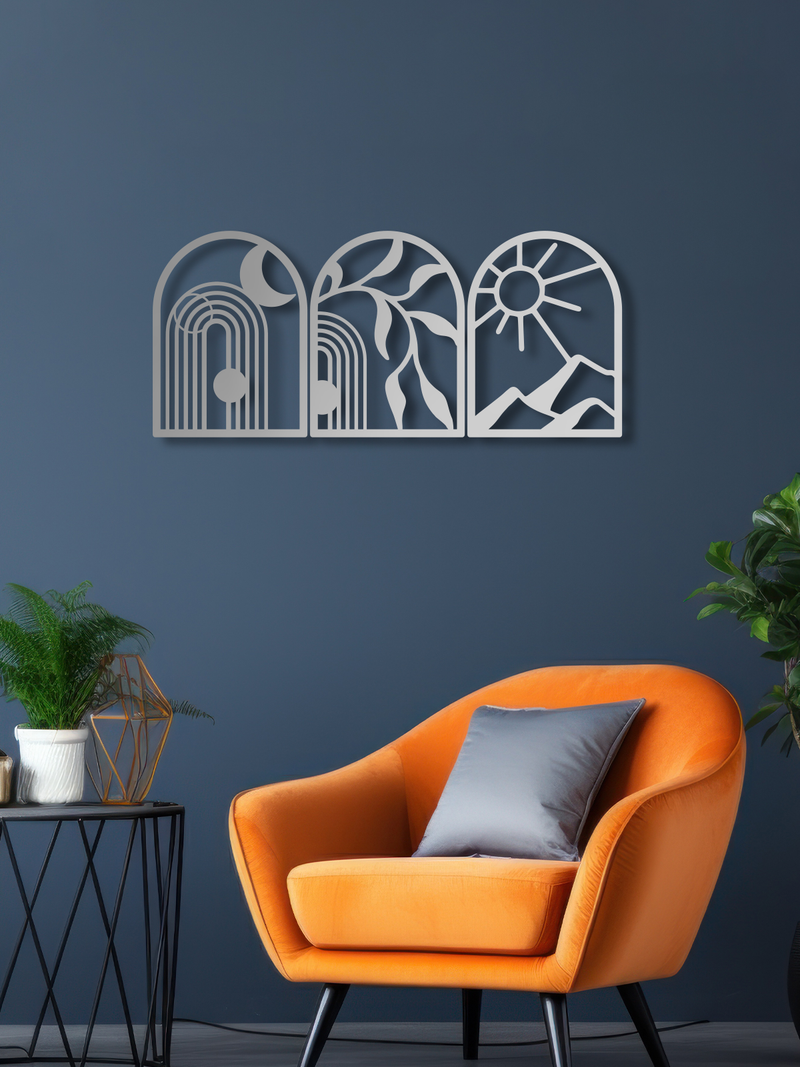 Çizgisel Manzara Temalı Metal Duvar Dekoru 3'lü Set, Minimal Duvar Tablosu, Ev ve Ofis Hediye Dekor - Gümüş