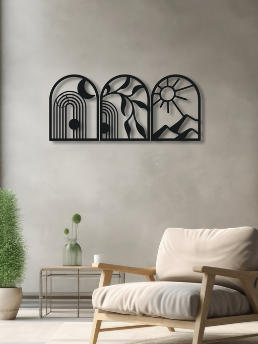 Çizgisel Manzara Temalı Metal Duvar Dekoru 3'lü Set, Minimal Duvar Tablosu, Ev ve Ofis Hediye Dekor - Siyah