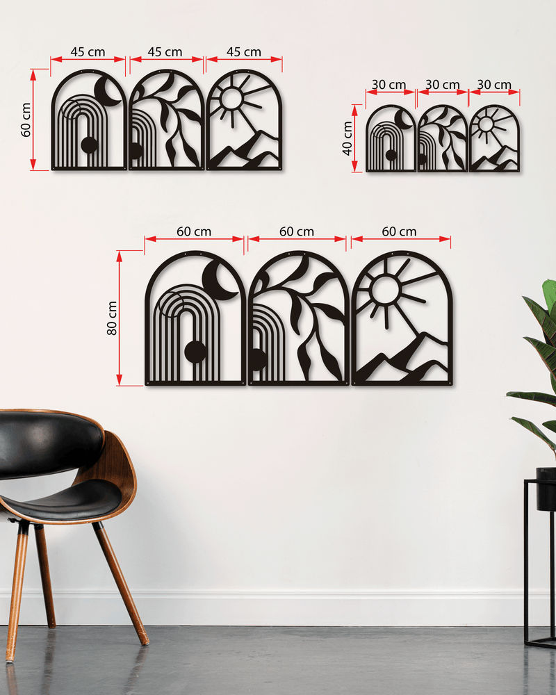 Çizgisel Manzara Temalı Metal Duvar Dekoru 3'lü Set, Minimal Duvar Tablosu, Ev ve Ofis Hediye Dekor