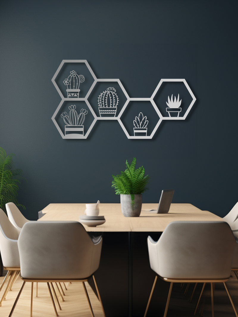 Petek Desenli Çiçekler Temalı Metal Duvar Dekoru, Minimal Duvar Tablosu, Ev ve Ofis Hediyelik Dekor - Gümüş