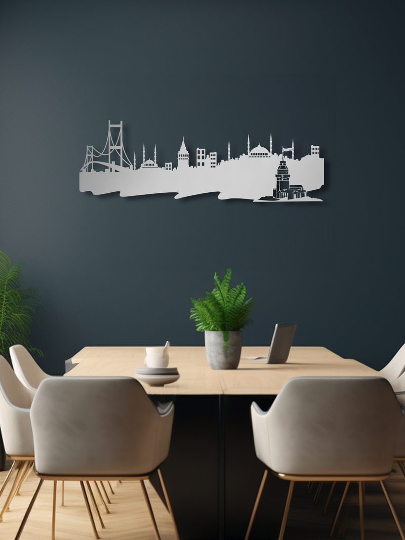 İstanbul Siluet ve Kız Kulesi Temalı Metal Duvar Dekoru, Minimal Duvar Tablosu, Ev Ofis Hediye Dekor - Gümüş