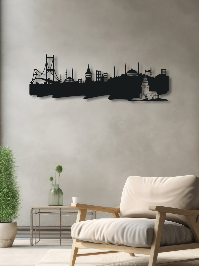 İstanbul Siluet ve Kız Kulesi Temalı Metal Duvar Dekoru, Minimal Duvar Tablosu, Ev Ofis Hediye Dekor - Siyah