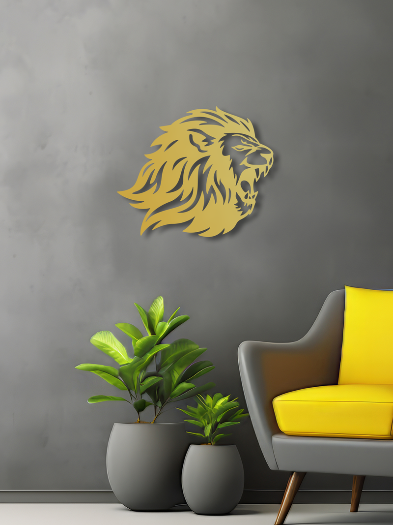 Aslan Temalı Metal Duvar Dekoru, Minimal Tasarım Duvar Tablosu, Ev ve Ofis için Hediyelik Dekor - Altın