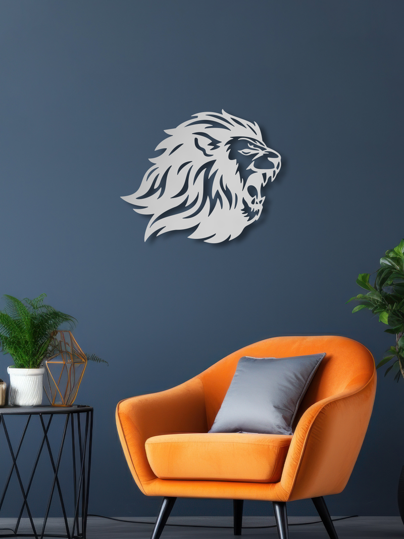 Aslan Temalı Metal Duvar Dekoru, Minimal Tasarım Duvar Tablosu, Ev ve Ofis için Hediyelik Dekor - Gümüş