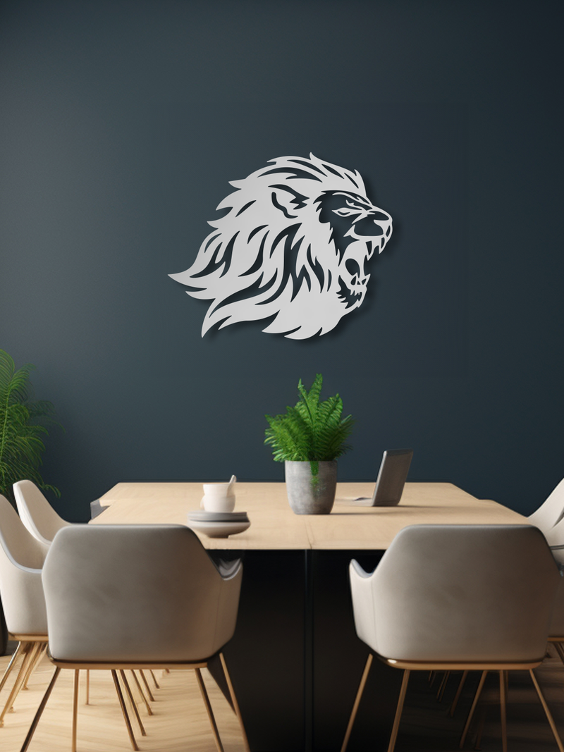 Aslan Temalı Metal Duvar Dekoru, Minimal Tasarım Duvar Tablosu, Ev ve Ofis için Hediyelik Dekor - Gümüş