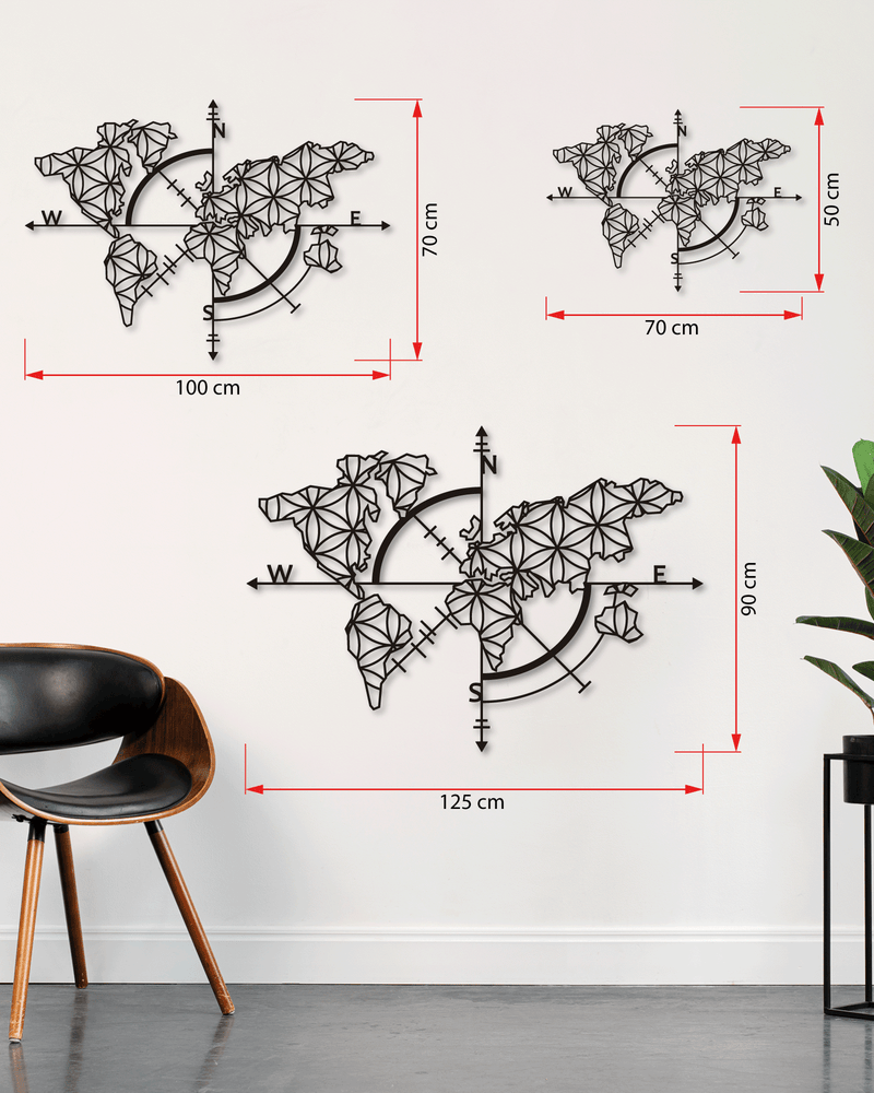 Dünya Haritası ve Pusula Temalı Metal Duvar Dekoru, Minimal Duvar Tablosu, Ev Ofis Hediyelik Dekor