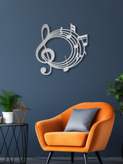 Sol Anahtarı ve Notalar Temalı Metal Duvar Dekoru, Minimal Duvar Tablosu, Ev Ofis Hediyelik Dekor - Gümüş