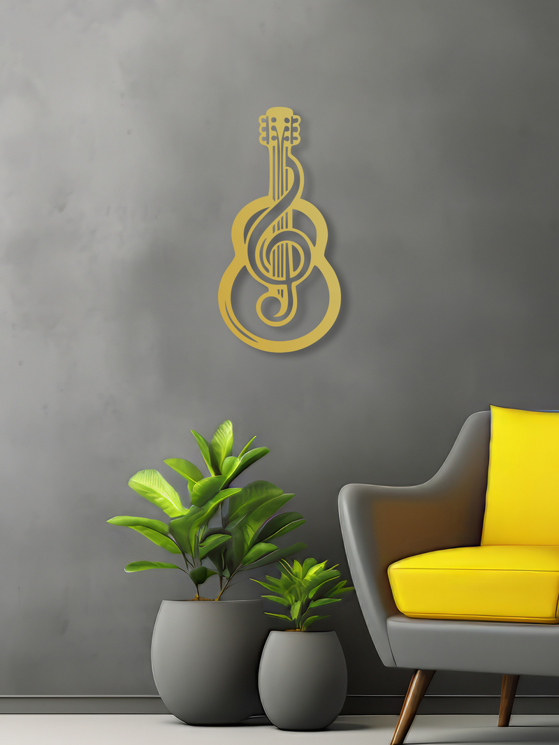 Sol Anahtarı ve Gitar Temalı Metal Duvar Dekoru, Minimal Duvar Tablosu, Ev ve Ofis Hediyelik Dekor - Altın