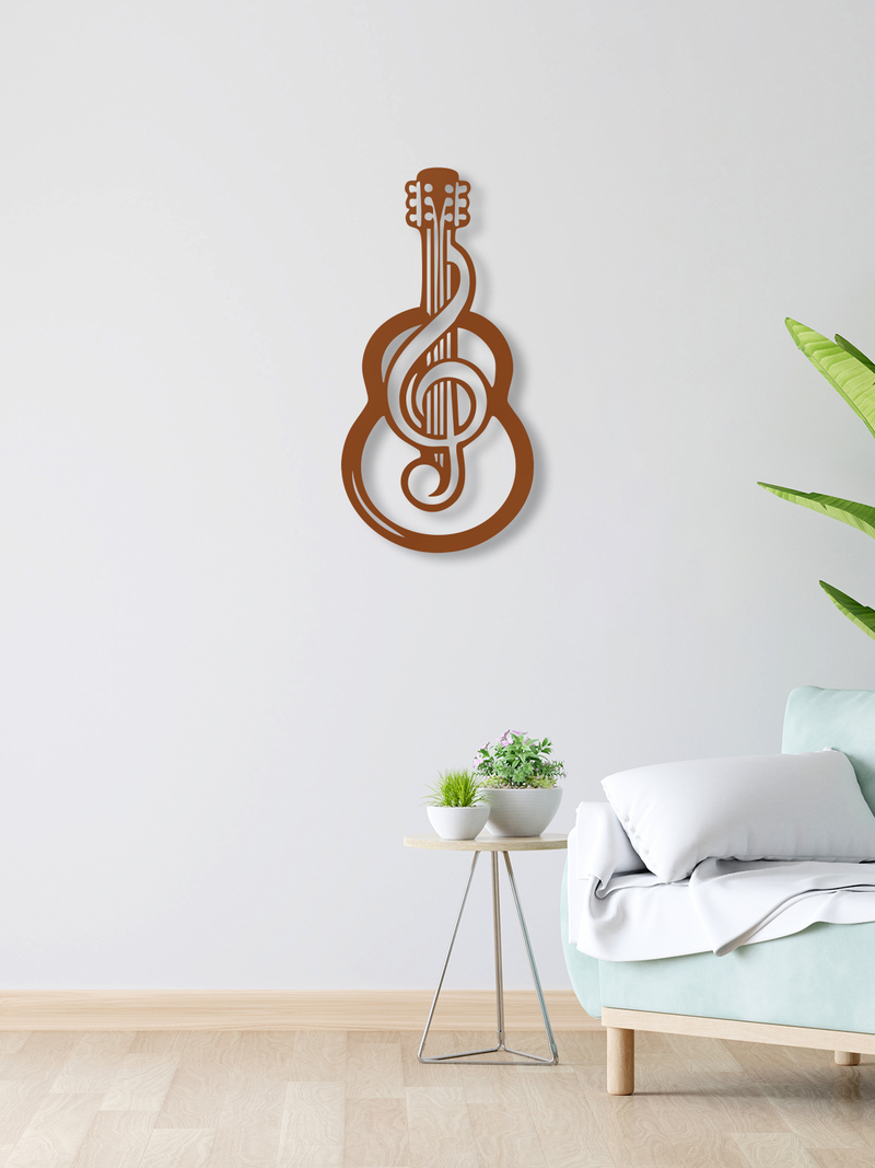 Sol Anahtarı ve Gitar Temalı Metal Duvar Dekoru, Minimal Duvar Tablosu, Ev ve Ofis Hediyelik Dekor - Bakır
