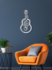 Sol Anahtarı ve Gitar Temalı Metal Duvar Dekoru, Minimal Duvar Tablosu, Ev ve Ofis Hediyelik Dekor - Gümüş