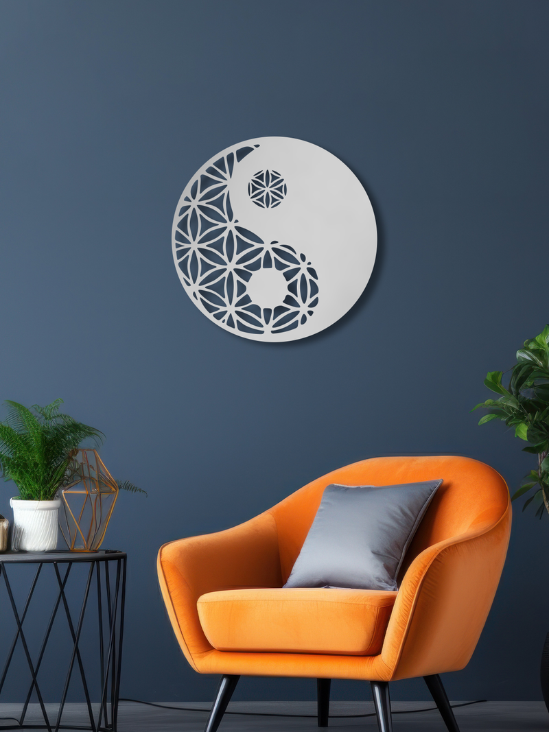 YingYang Temalı Metal Duvar Dekoru, Minimal Tasarım Duvar Tablosu, Ev ve Ofis için Hediyelik Dekor - Gümüş