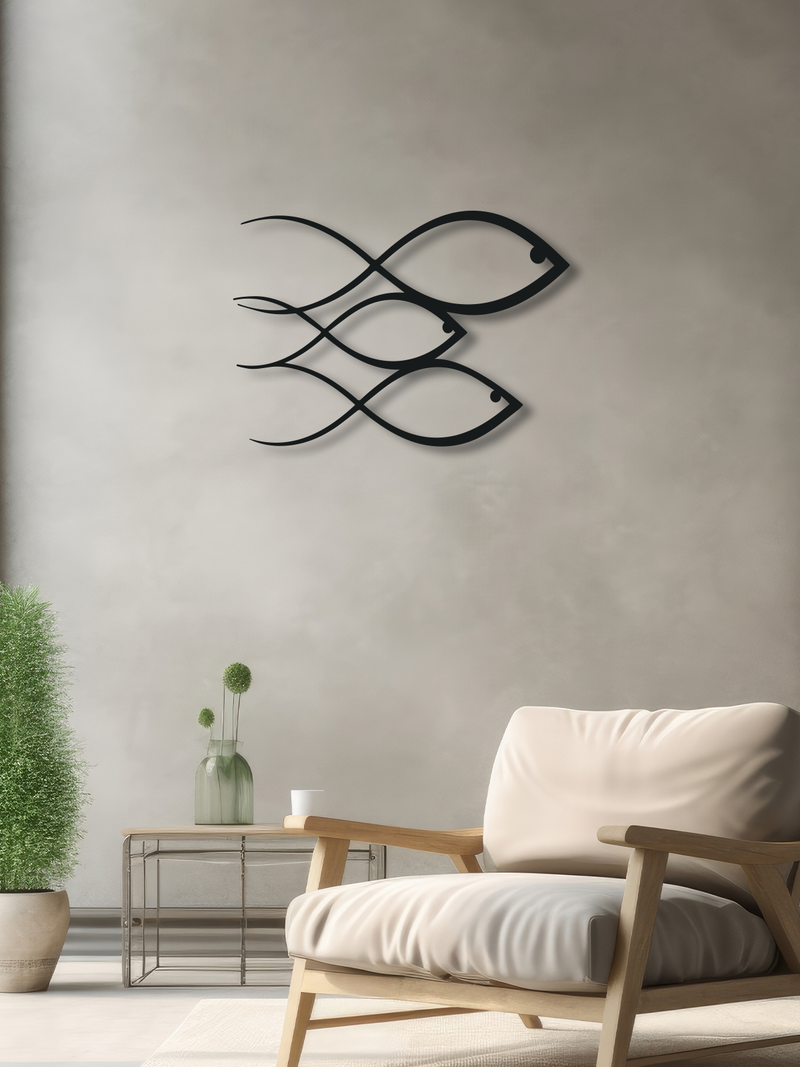 Balık Temalı Metal Duvar Dekoru (02), Minimal Tasarım Duvar Tablosu, Ev Ofis için Hediyelik Dekor - Siyah