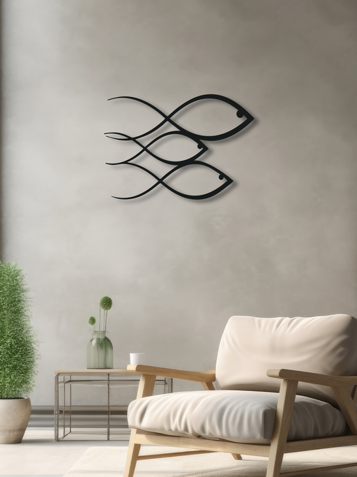 Balık Temalı Metal Duvar Dekoru (02), Minimal Tasarım Duvar Tablosu, Ev Ofis için Hediyelik Dekor - Siyah