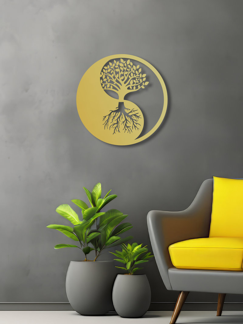 YingYang ve Hayat Ağacı Temalı Metal Duvar Dekoru, Minimal Duvar Tablosu, Ev ve Ofis Hediyelik Dekor - Altın