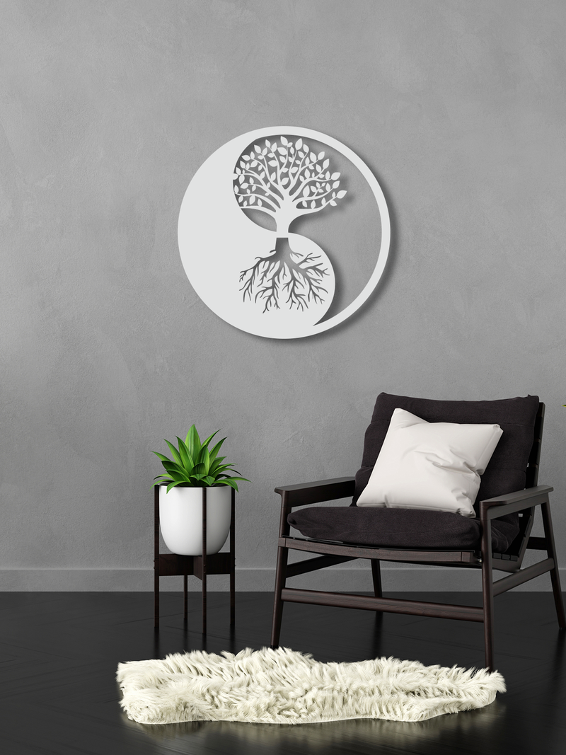 YingYang ve Hayat Ağacı Temalı Metal Duvar Dekoru, Minimal Duvar Tablosu, Ev ve Ofis Hediyelik Dekor - Beyaz