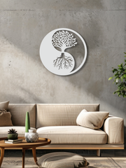 YingYang ve Hayat Ağacı Temalı Metal Duvar Dekoru, Minimal Duvar Tablosu, Ev ve Ofis Hediyelik Dekor - Beyaz