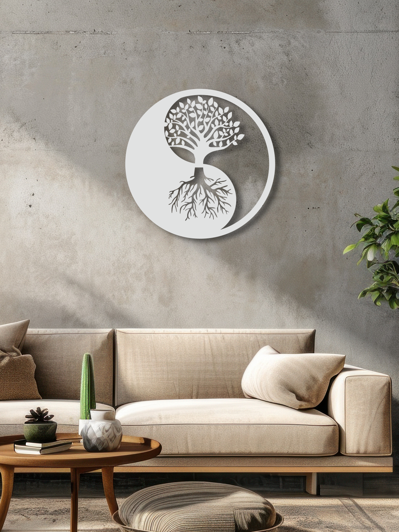 YingYang ve Hayat Ağacı Temalı Metal Duvar Dekoru, Minimal Duvar Tablosu, Ev ve Ofis Hediyelik Dekor - Beyaz