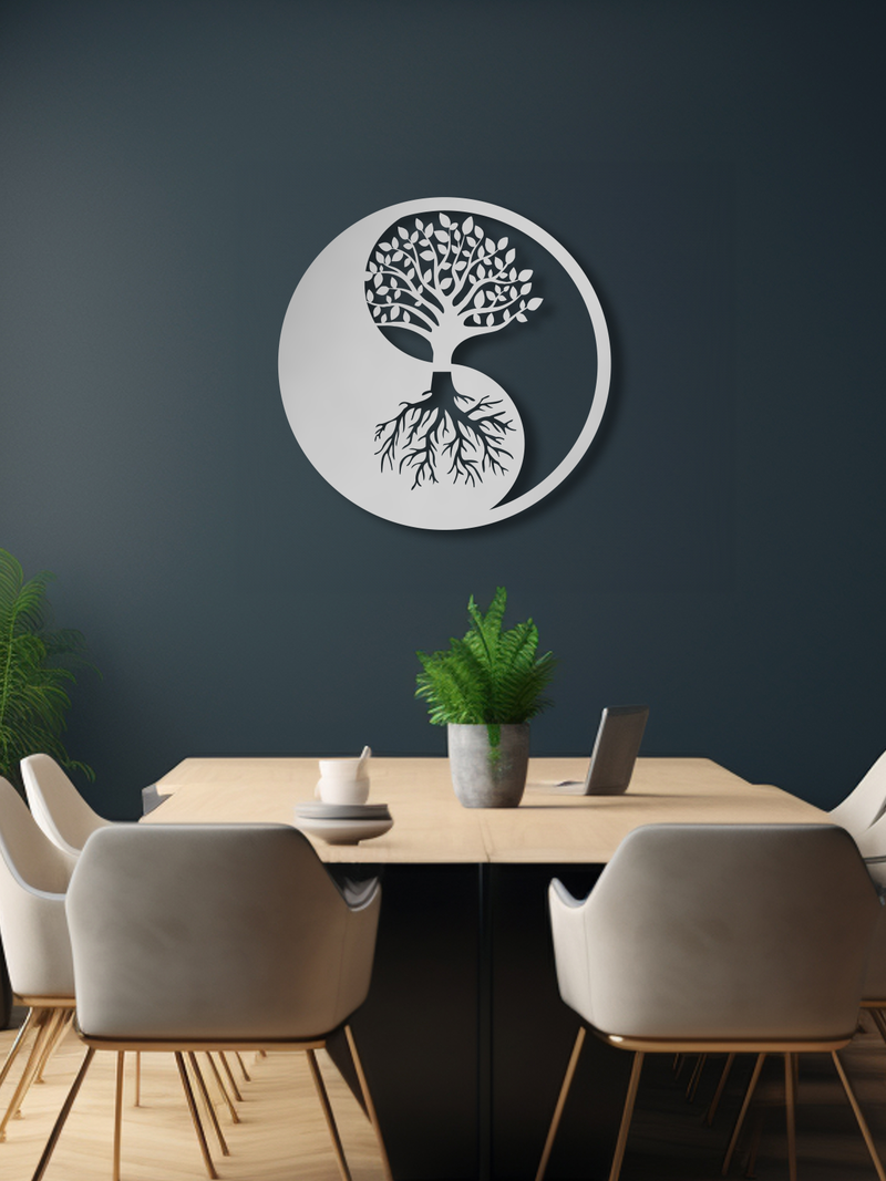 YingYang ve Hayat Ağacı Temalı Metal Duvar Dekoru, Minimal Duvar Tablosu, Ev ve Ofis Hediyelik Dekor - Gümüş