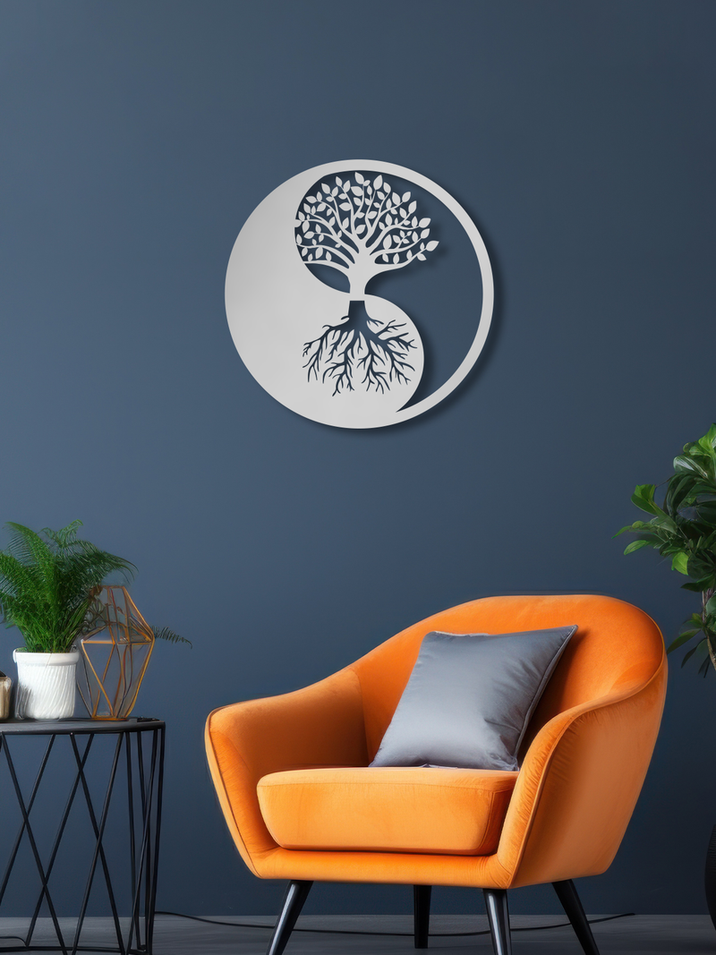 YingYang ve Hayat Ağacı Temalı Metal Duvar Dekoru, Minimal Duvar Tablosu, Ev ve Ofis Hediyelik Dekor - Gümüş