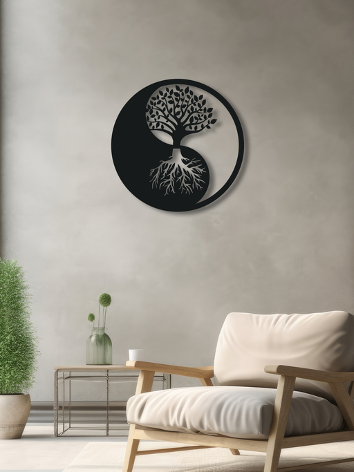 YingYang ve Hayat Ağacı Temalı Metal Duvar Dekoru, Minimal Duvar Tablosu, Ev ve Ofis Hediyelik Dekor - Siyah