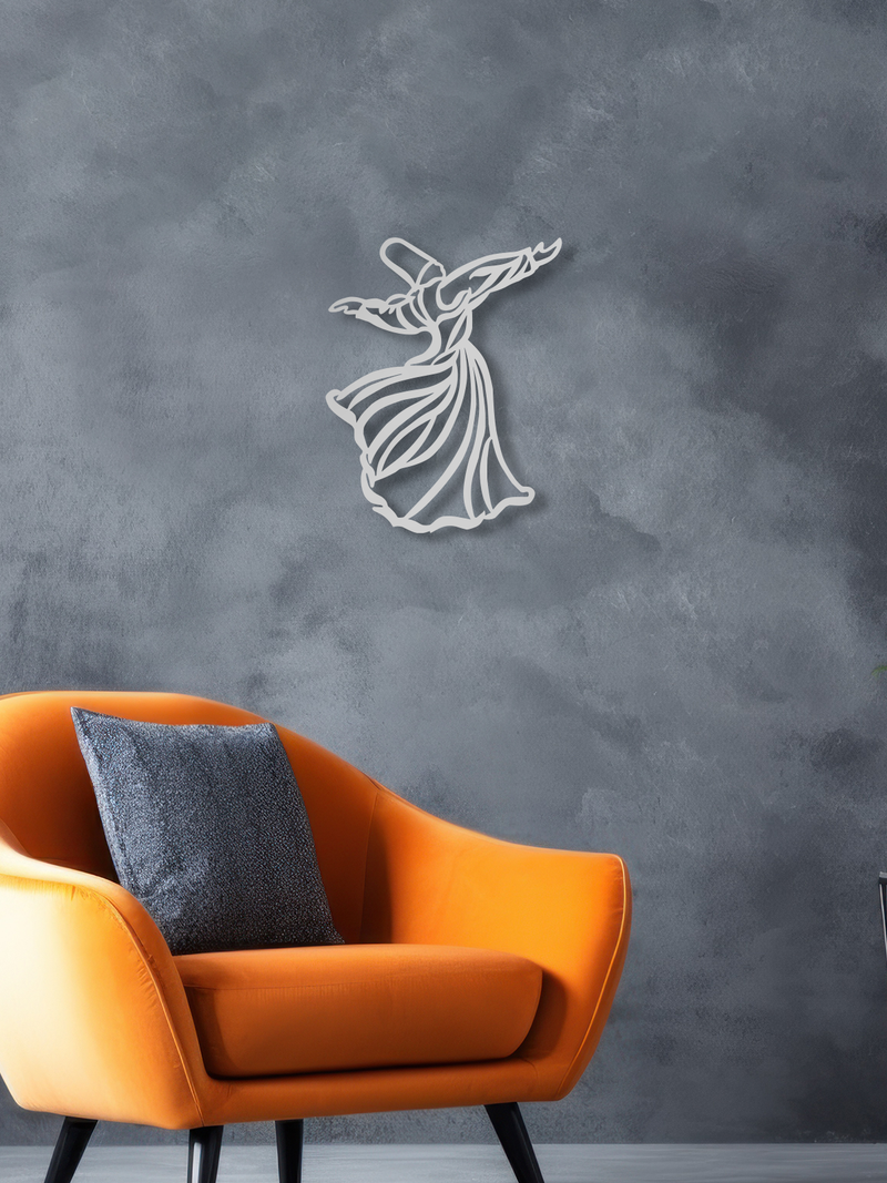 Semazen Temalı Metal Duvar Dekoru, Minimal Tasarım Duvar Tablosu, Ev ve Ofis için Hediyelik Dekor - Gümüş