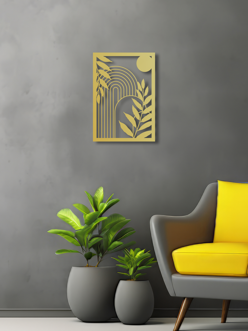 Çizgisel Yapraklar ve Güneş Temalı Metal Duvar Dekoru, Minimal Duvar Tablosu, Ev Ofis Hediye Dekor - Altın