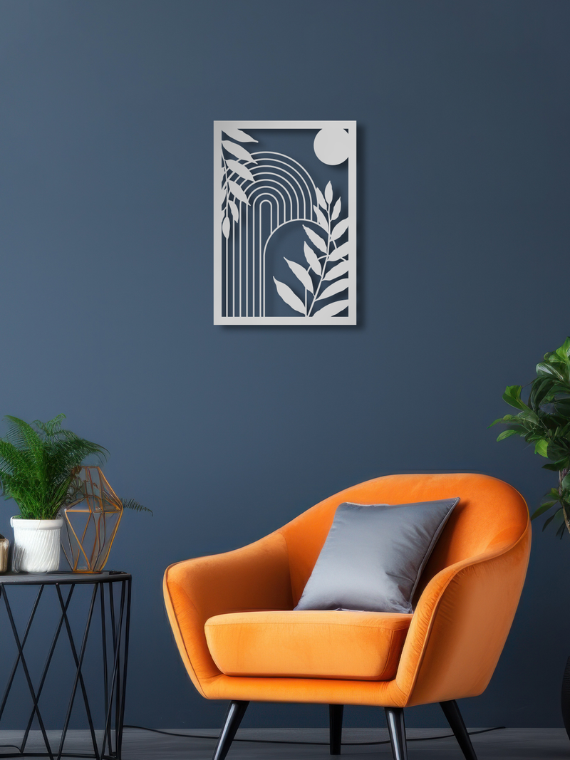 Çizgisel Yapraklar ve Güneş Temalı Metal Duvar Dekoru, Minimal Duvar Tablosu, Ev Ofis Hediye Dekor - Gümüş